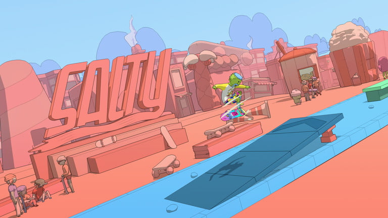 玩家角色在陽光谷跳下坡道，這是玩家在 OlliOlli World 中訪問的第一個區域。