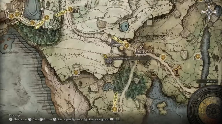 一張地圖，顯示 Elden Ring 中的 Stormhill Evergaol。