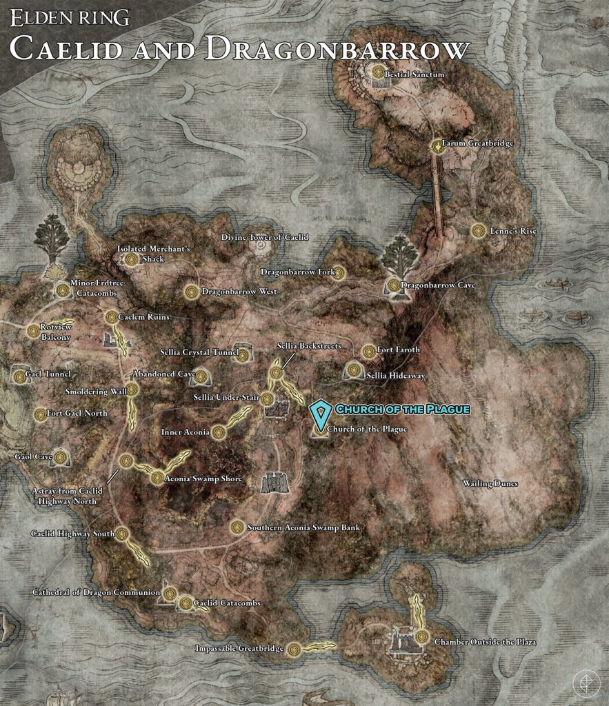 顯示 Caelid 和 Dragonbarrow Sacred Tear 位置的地圖。
