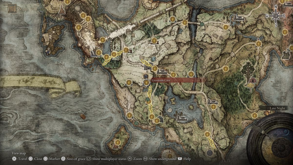 Elden Ring 的地圖顯示了格羅夫賽德洞穴的位置，在那裡你可以得到鍛造石