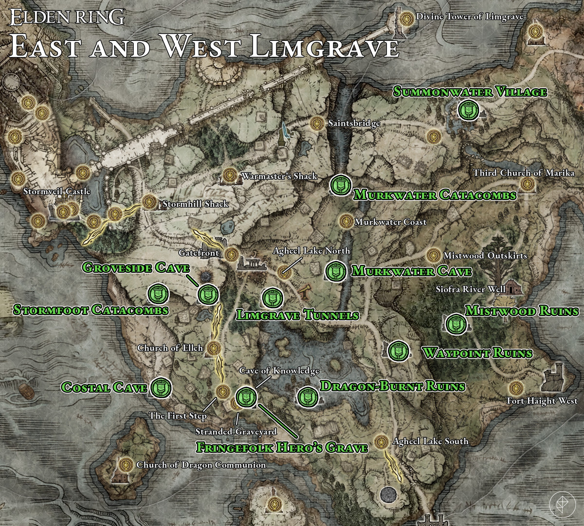 顯示每個 Limgrave 地牢位置的 Elden Ring 地圖