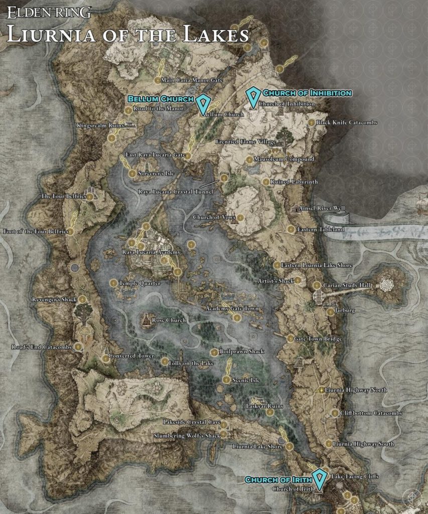 地圖顯示了湖區神聖之淚的 Liurnia 位置。