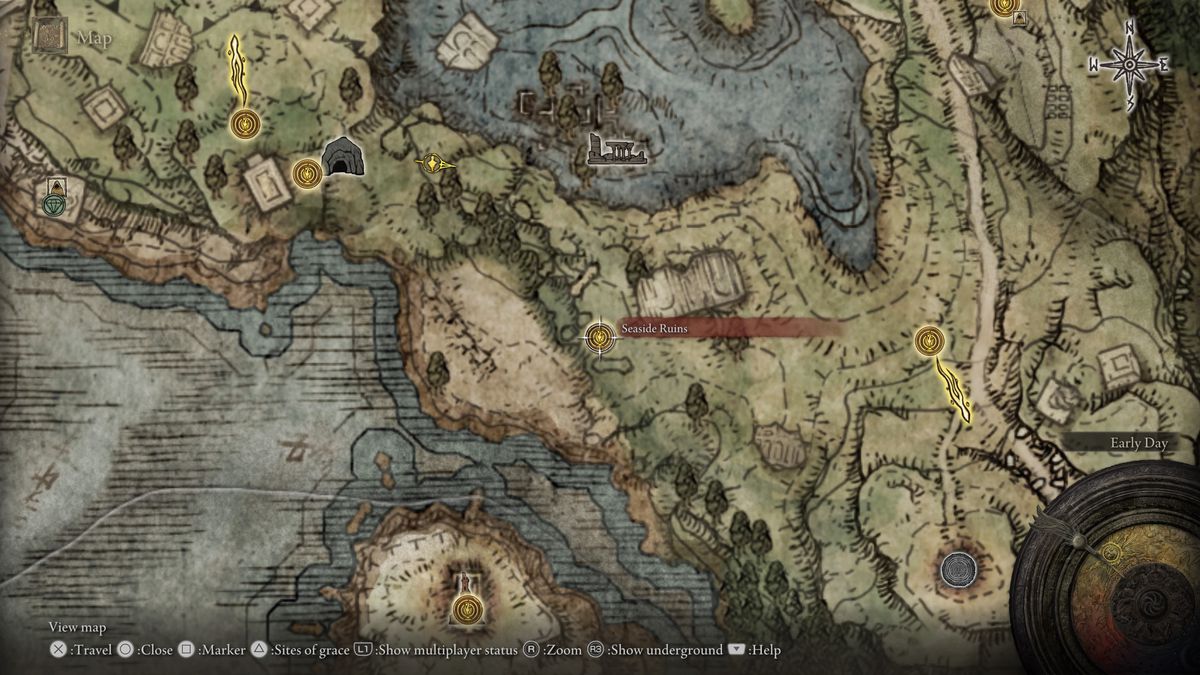 Elden Ring的地圖，顯示Seaside Ruins地牢的位置