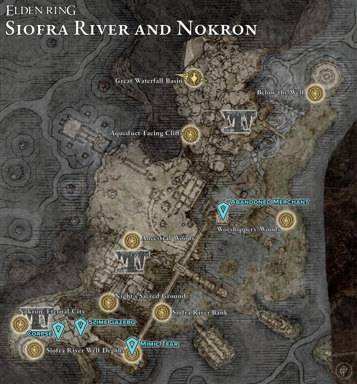 顯示 Siofra 河和 Nokron、永恆之城幼蟲撕裂位置的地圖
