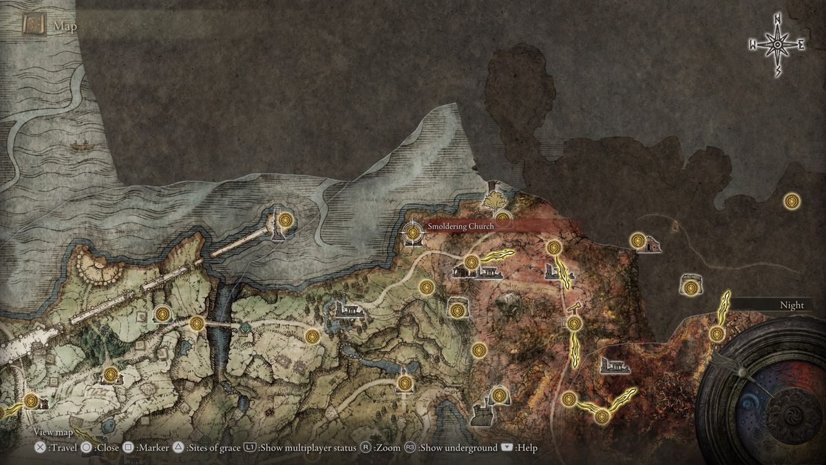 Elden Ring 的地圖顯示了位於凱里德北部的陰燃教堂的位置。