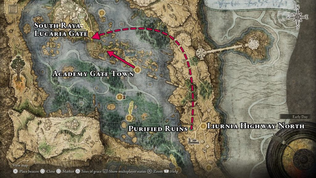 一張 Elden Ring 地圖，顯示了前往 Raya Lucaria Gate 恩典之門的兩種方式——一種來自亞空間，另一種來自 Academy Gate Town 恩典之地