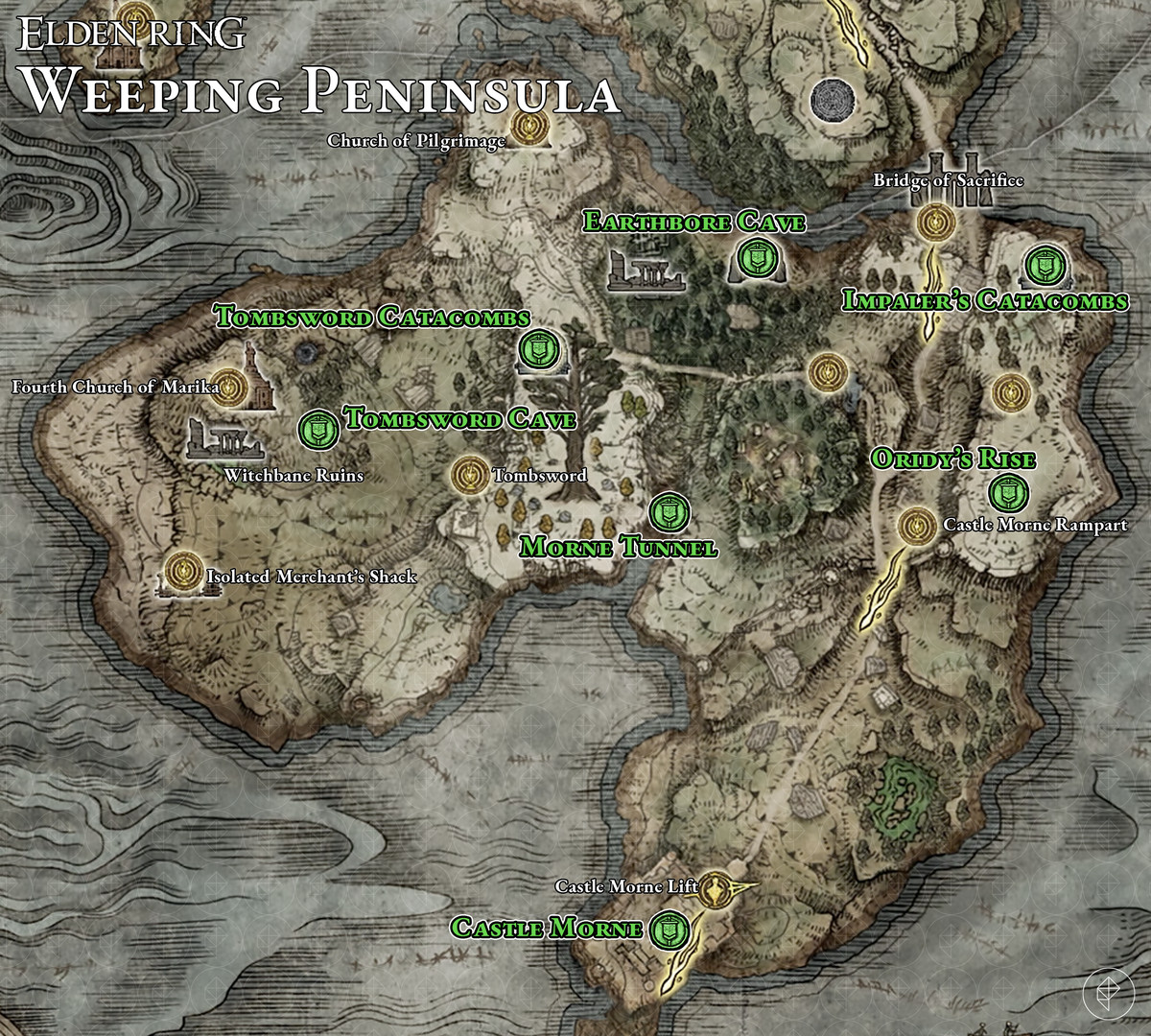 Elden Ring Weeping Peninsula Dungeons Map 