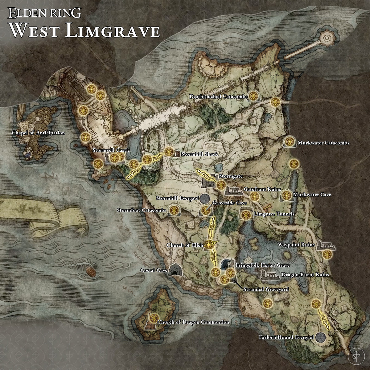 Elden Ring 中的 West Limgrave 地圖，顯示了每個隱藏的地牢、地下墓穴和洞穴。