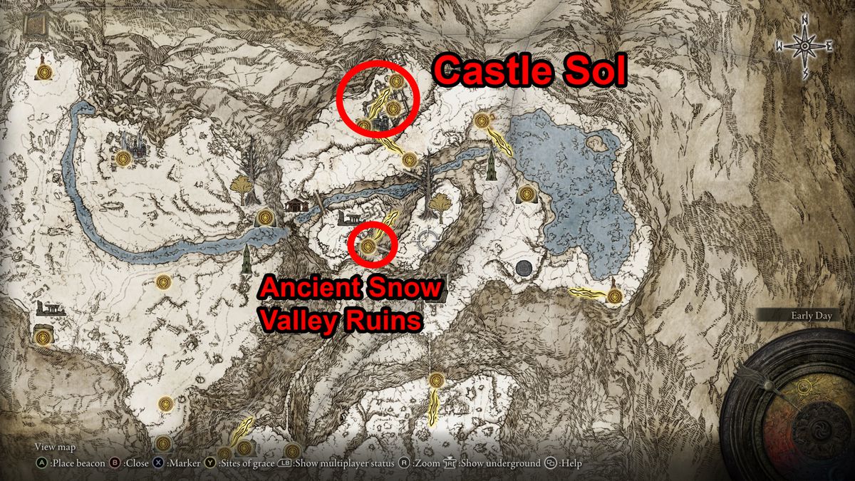 一張 Elden Ring Millicent 任務線地圖，顯示古代太陽和山谷廢墟的位置