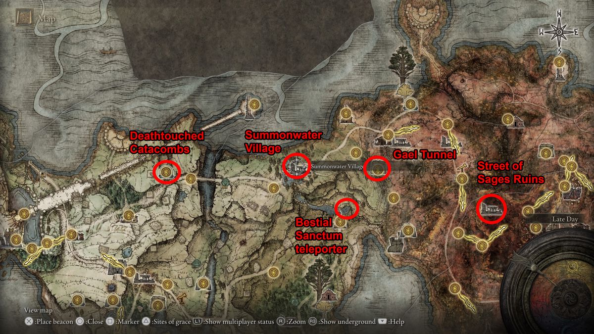 Elden Ring 的地圖，顯示了死觸地下墓穴、召喚水村、野獸聖殿傳送器、蓋爾隧道和賢者街遺址的位置。 