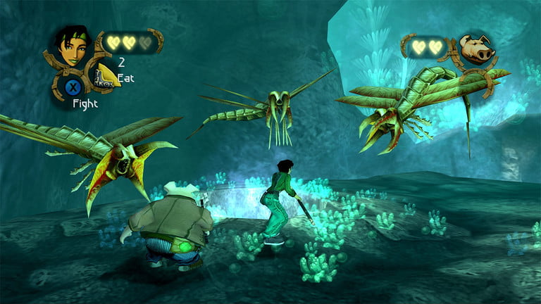 玩家在 Beyond Good and Evil 中與巨型蟲子生物戰鬥。