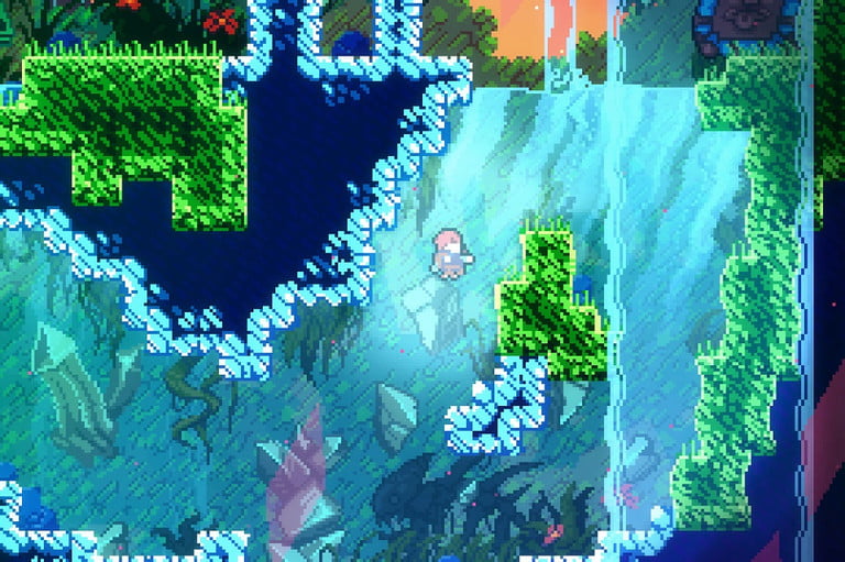 瑪德琳在藍色和綠色方塊附近游泳。