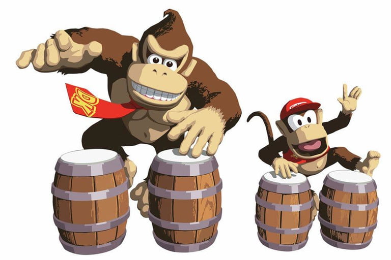 Donkey Kong 和 Diddy Kong 在 Donkey Konga 系列中演奏鼓。