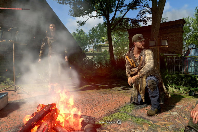 在消逝的光芒 2 中，倖存者圍坐在篝火旁。
