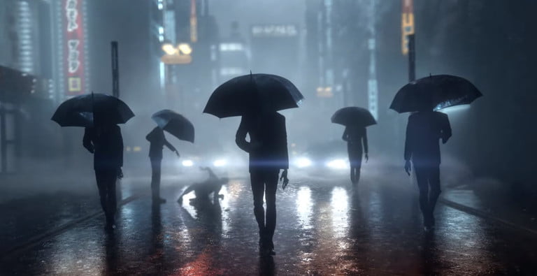 Ghostwire：東京街頭雨傘下的陰影人物。
