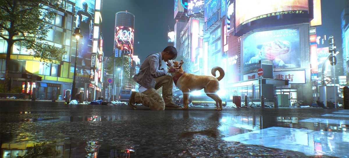 Ghostwire：東京的截圖中，一名男子在東京下雨的夜間街道上撫摸著一隻狗