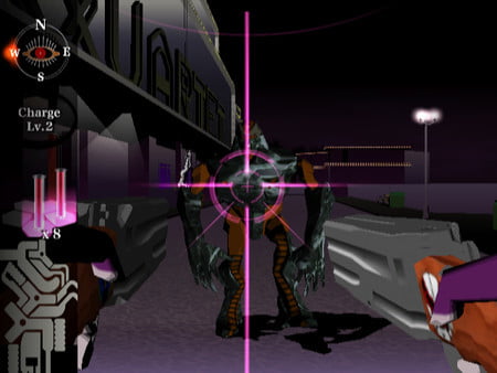 玩家在第一人稱射擊遊戲 Killer7 中鎖定目標。
