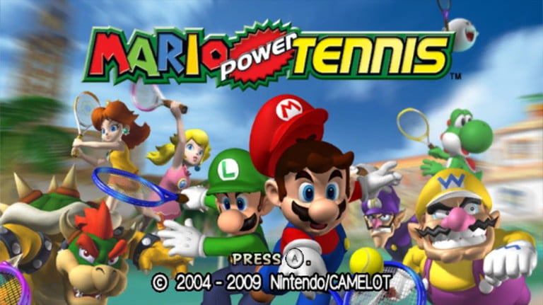 馬里奧和其他角色在馬里奧力量網球的封面上揮舞網球拍。
