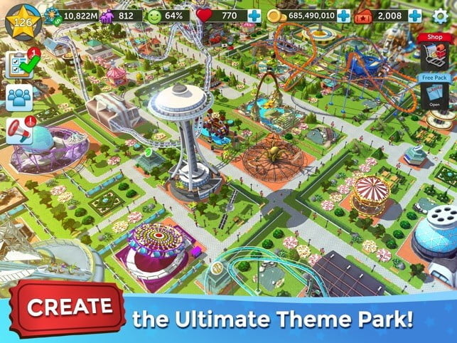 RollerCoaster Tycoon 的宣傳材料。 底部的消息宣稱“創建終極主題公園！”