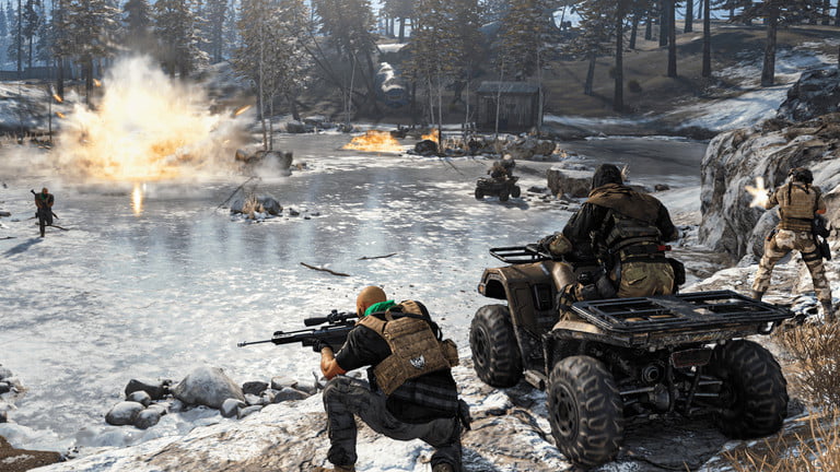 《使命召喚：戰區》中玩家聚集在結冰的湖邊。