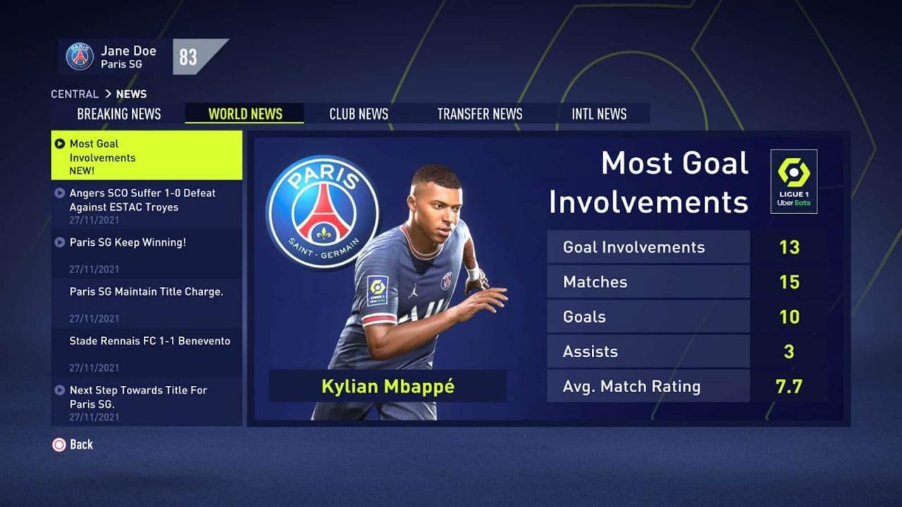 FIFA 22 職業模式新聞屏幕顯示 Kylian Mbappe