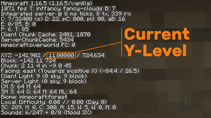 一個 Minecraft 屏幕截圖，顯示了你當前的 Y-Level 坐標在調試疊加層中的顯示位置。