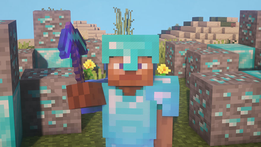 Minecraft 截圖，玩家身穿附魔鑽石盔甲，周圍環繞著鑽石礦石和鑽石塊。