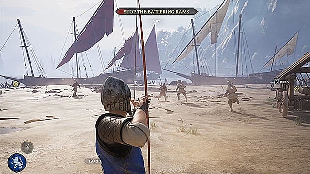 Agathian 弓箭手瞄準海灘上的梅森士兵，背景是船隻。