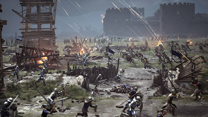 宣傳的《騎士精神 2》戰場截圖，燃燒的箭矢從天而降，射向下方的戰士。