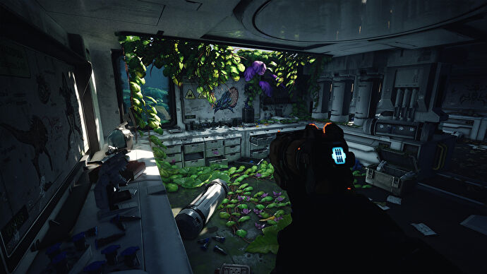 玩家在 The Cycle: Frontier 中參觀了一個雜草叢生的實驗室。