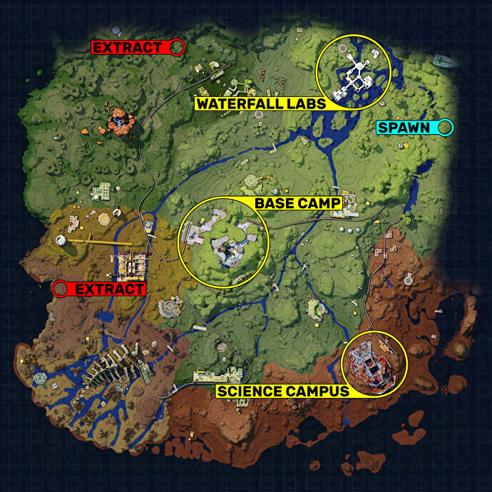 The Cycle: Frontier 中的 Bright Sands 地圖，其中包含玩家出生點的位置、可能的提取點以及該特定掉落的感興趣區域。