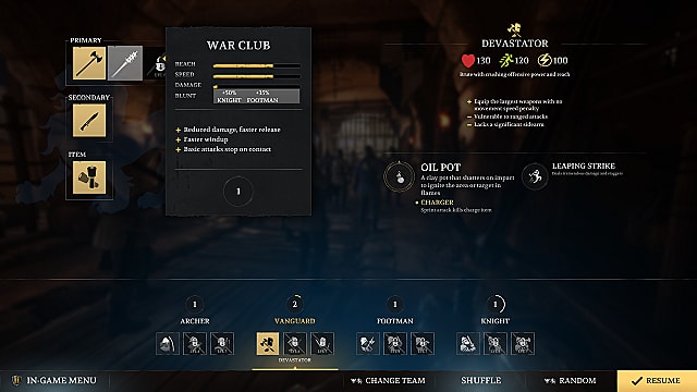 顯示戰爭俱樂部統計數據的騎士精神 2 先鋒武器裝備屏幕。
